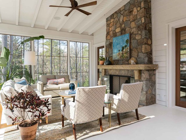 Blue beauty sunroom with fireplace