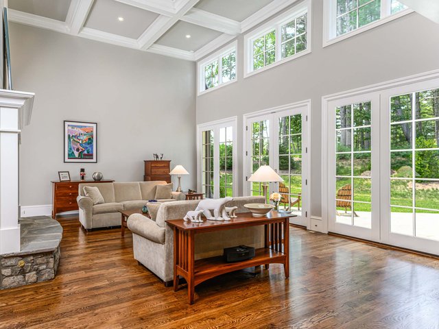 Brookline Manor living room with fireplace