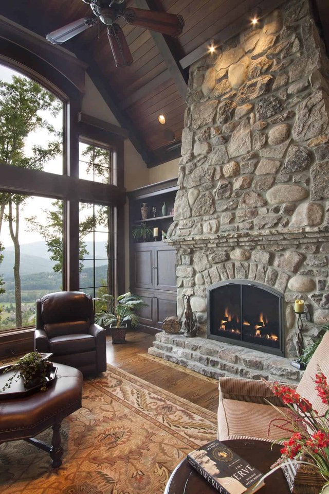 Eagles Nest Large Stone Fireplace in Living Room